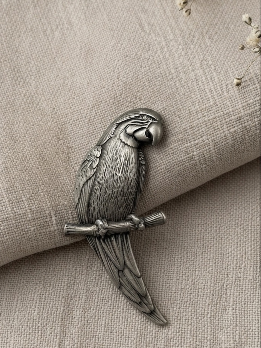 Vintage JJ Jonette Pewter Parrot Macaw on Branch Brooch Pin